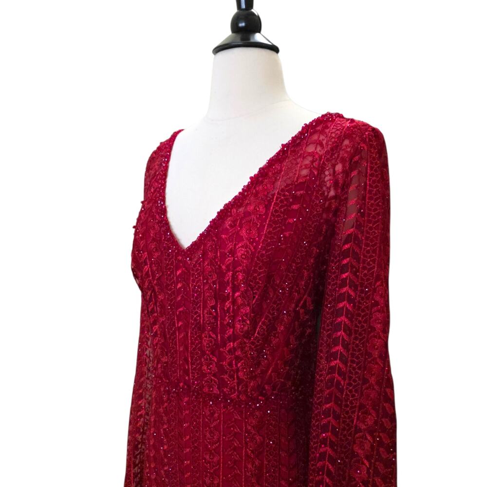 Mac Duggal Dress 12 Red Formal 20271 Embellished Long Sleeve Burgundy Gown - Picture 7 of 12